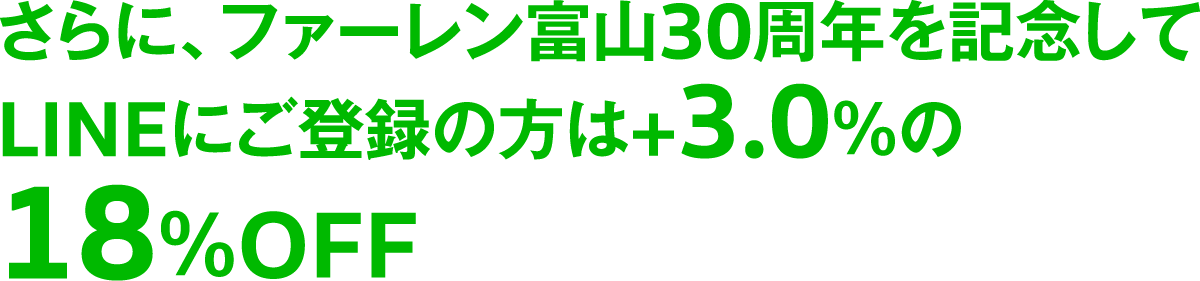 さらに、フォーレン富山30周年を記念してlINEにご登録の方は+3.0%の18%OFF